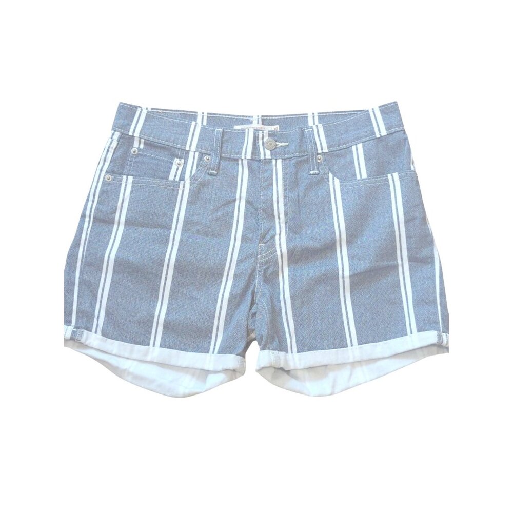Levis Womens Mid-Length Striped Denim Shorts Size 30 Blue & White Casual Summer